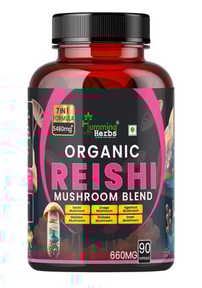 Humming Herbs Organic Reishi Mushroom Blend |Reishi, Chaga, Turkey Tail, Maitake, Shiitake, Enoki, and Agaricus| 7-in-1 Immune Support Formula, 5480mg, 90 Capsules