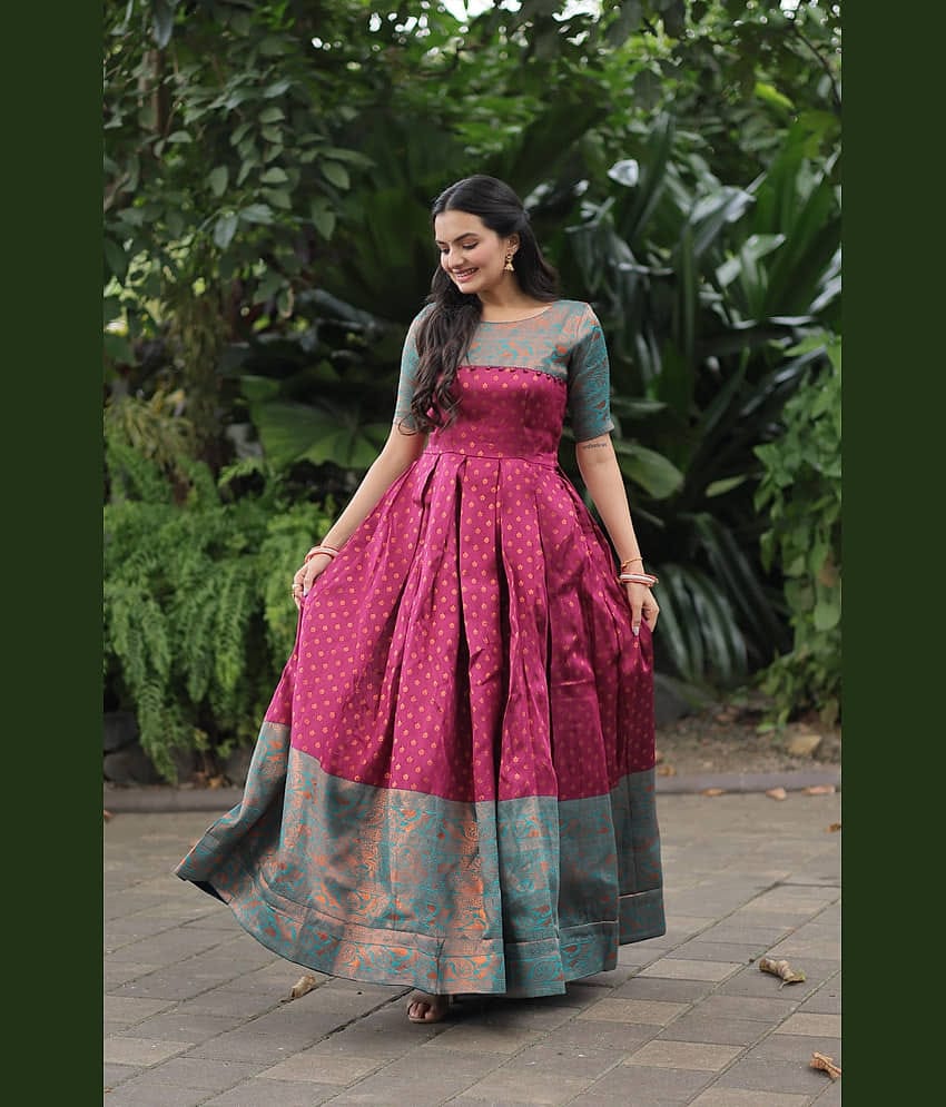 Trijal Fab Women Silk Printed Gown ( Pink )