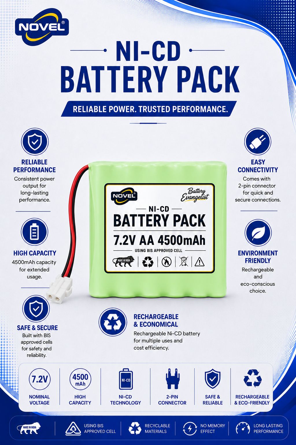 NOVEL 7.2V AA 4500mAh NI-CD Rechargeable Battery KET 2 PIN