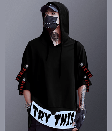 Try This Cotton Blend Regular Fit Printed Half Sleeves Men's Hooded T-Shirt - Black ( Pack of 1 )