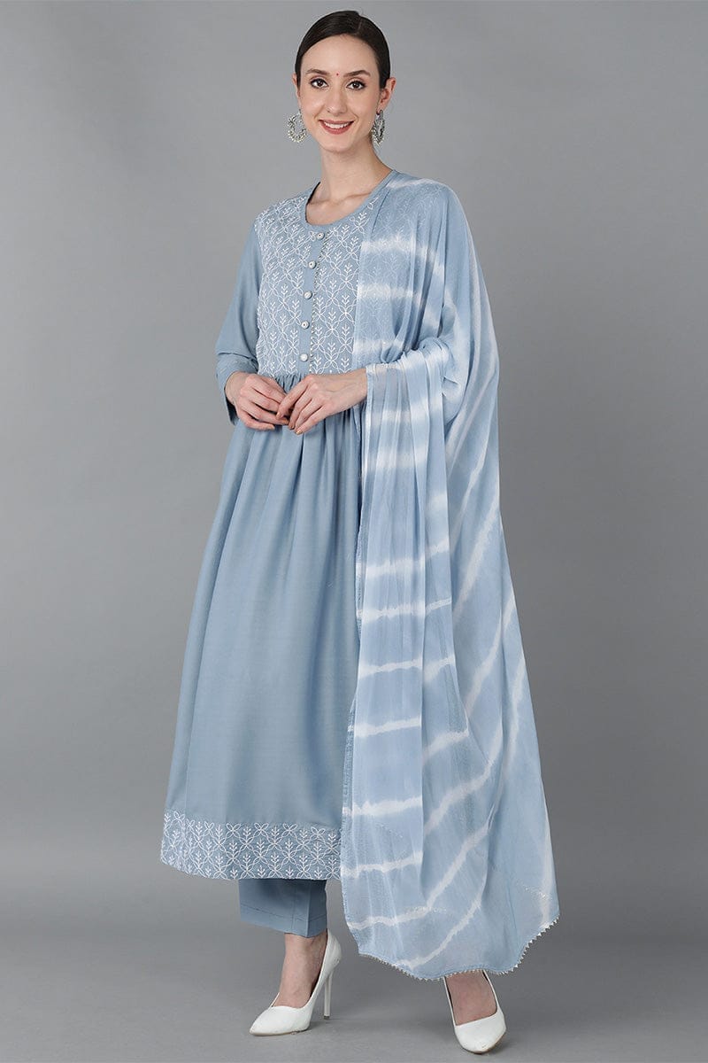 Blue Silk Blend Yoke Design Suit Set PKSKD1606