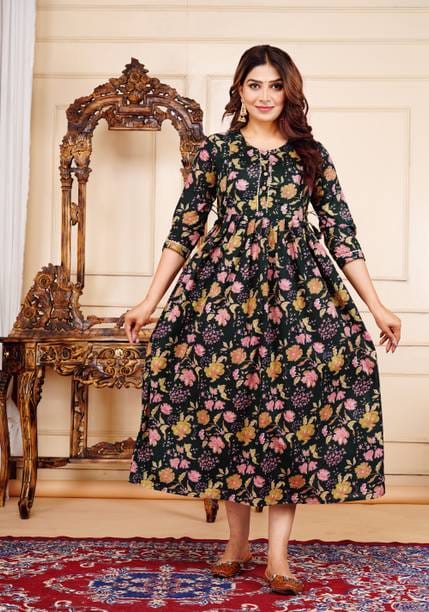Women Printed Cotton Blend Anarkali Kurta  (Black)