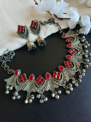 Silver Replica Pearl & Ghungroo Necklace Set with Jhumkas - Navratri Special | Sarichka-Red