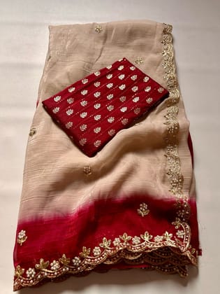 New Beige Color Crunchy Chiffon Silk With Beautiful Embroidery n Cut Work Partywear Fancy Designer Saree