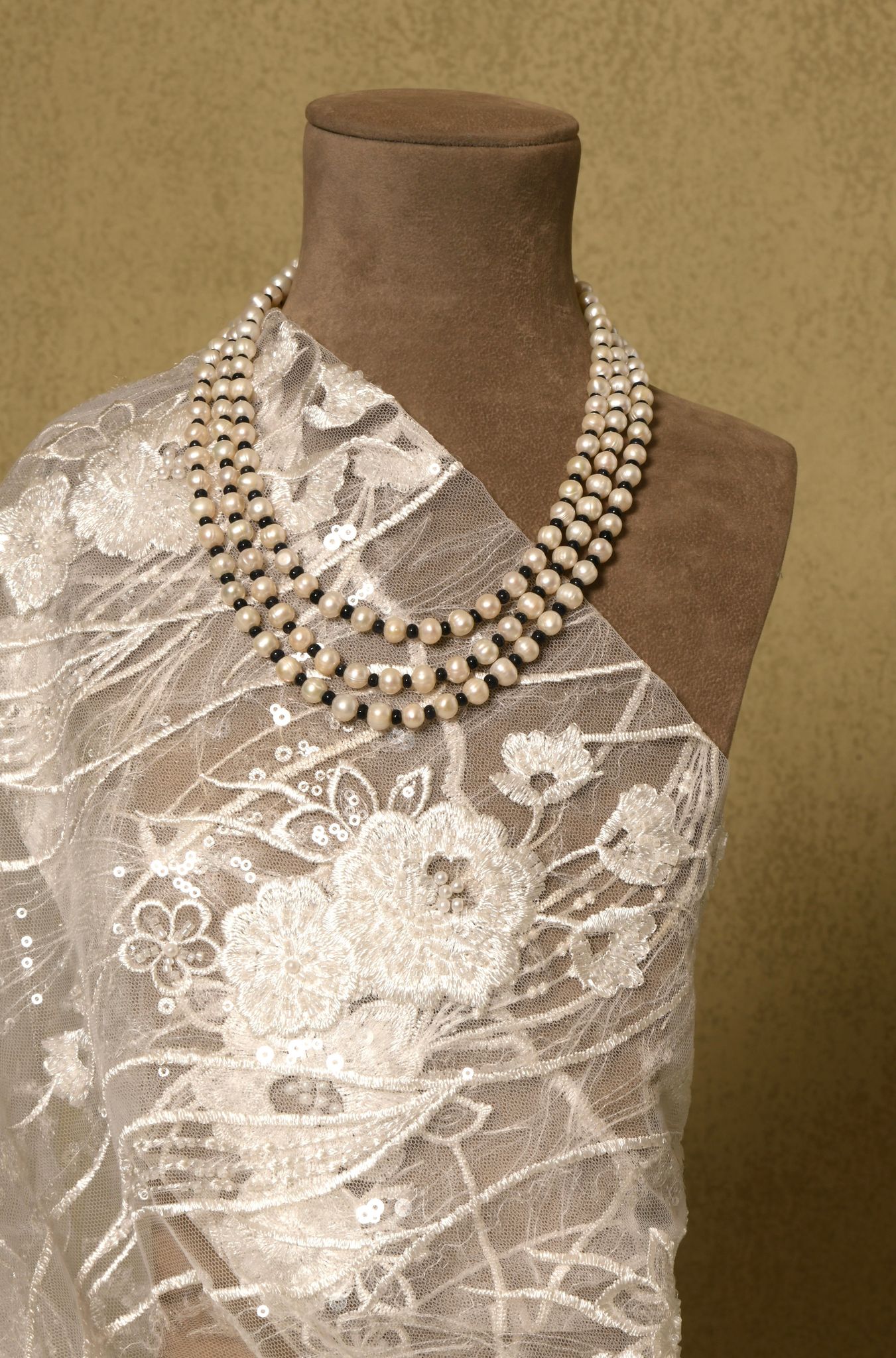 Pearl and Black Onyx Triple Layered Necklace