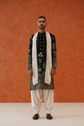 Samar Bottle Green Kurta Set With Patiyala And Dupatta-XS/34