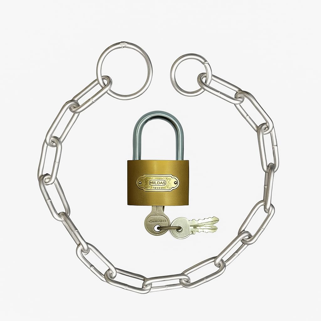 1.5 Feet Heavy-Duty Stainless Steel Lock Chain (Silver) with 50mm Brass Padlock (Gold) & 3 Keys � Strong Security Combo for Gates, Doors, Bikes, Luggage, Shutters, Fences & More