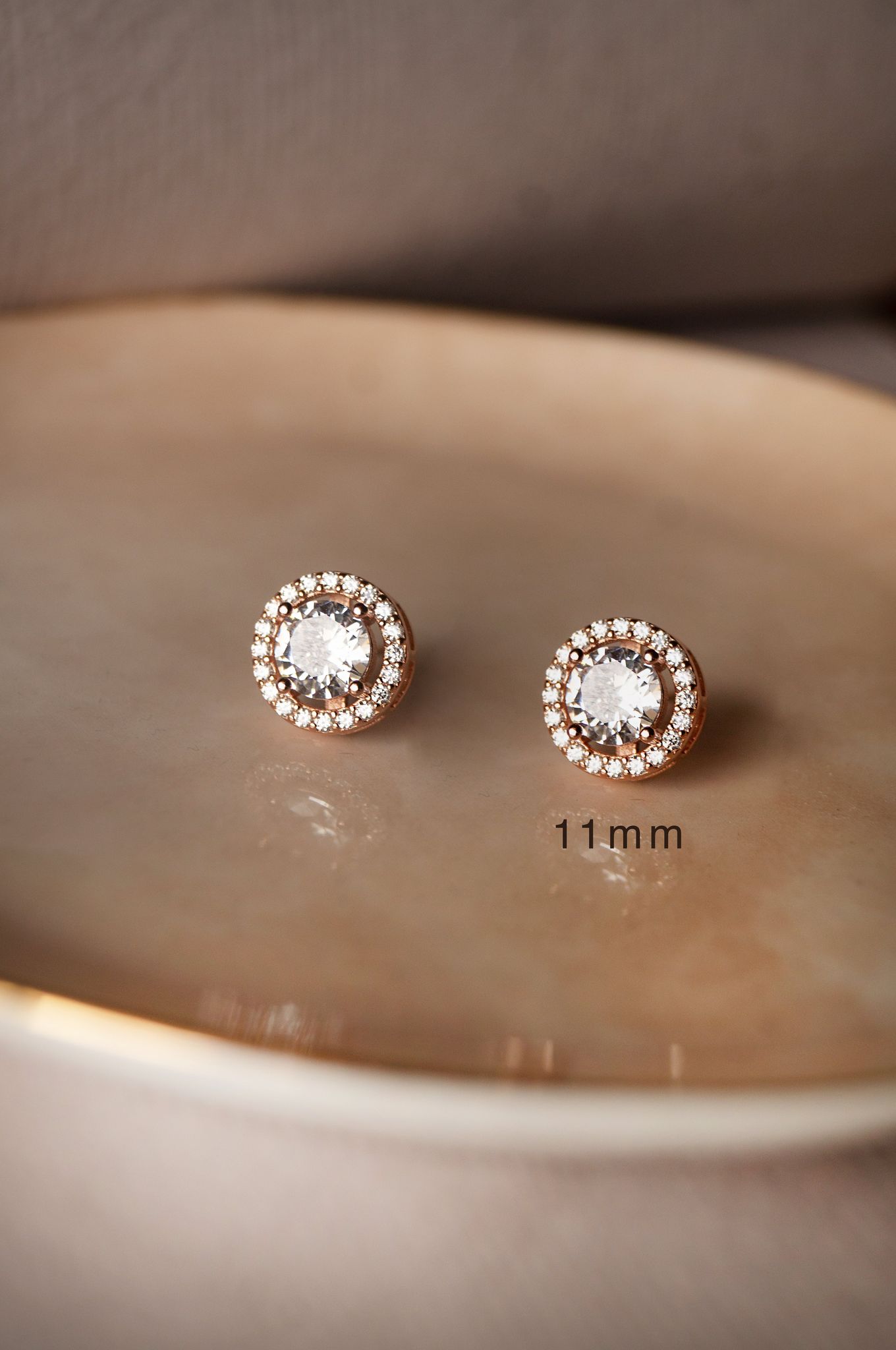 Halo Solitaire Rose Gold Plated Sterling Silver Earrings-Rose / Earring Size : 11mm Diameter