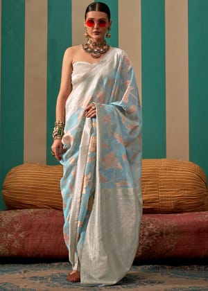 Heritage Blue Woven Linen Banarasi Silk Saree