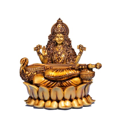 Artarium Saraswati Maa Murti Saraswati Ji Ki Murti on Chowki Saraswati Ji Statue for Pooja Room, Home Temple, Study Desk and Decor for Festivals & Ceremonies (Lotus Saraswati ji 6 inch)