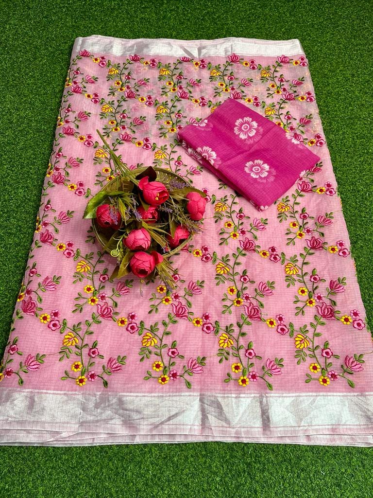 Floral Kota Doria Embroidered Saree Pink