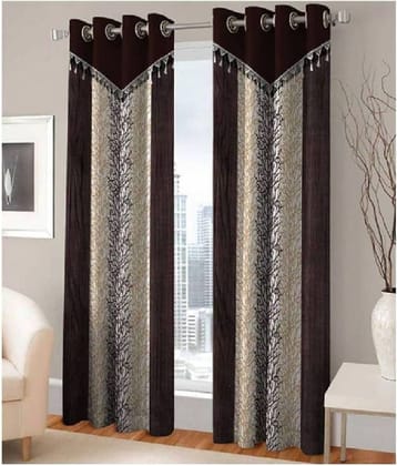 Phyto Home Floral Semi-Transparent Eyelet Door Curtain 7 ft Pack of 2 -Brown