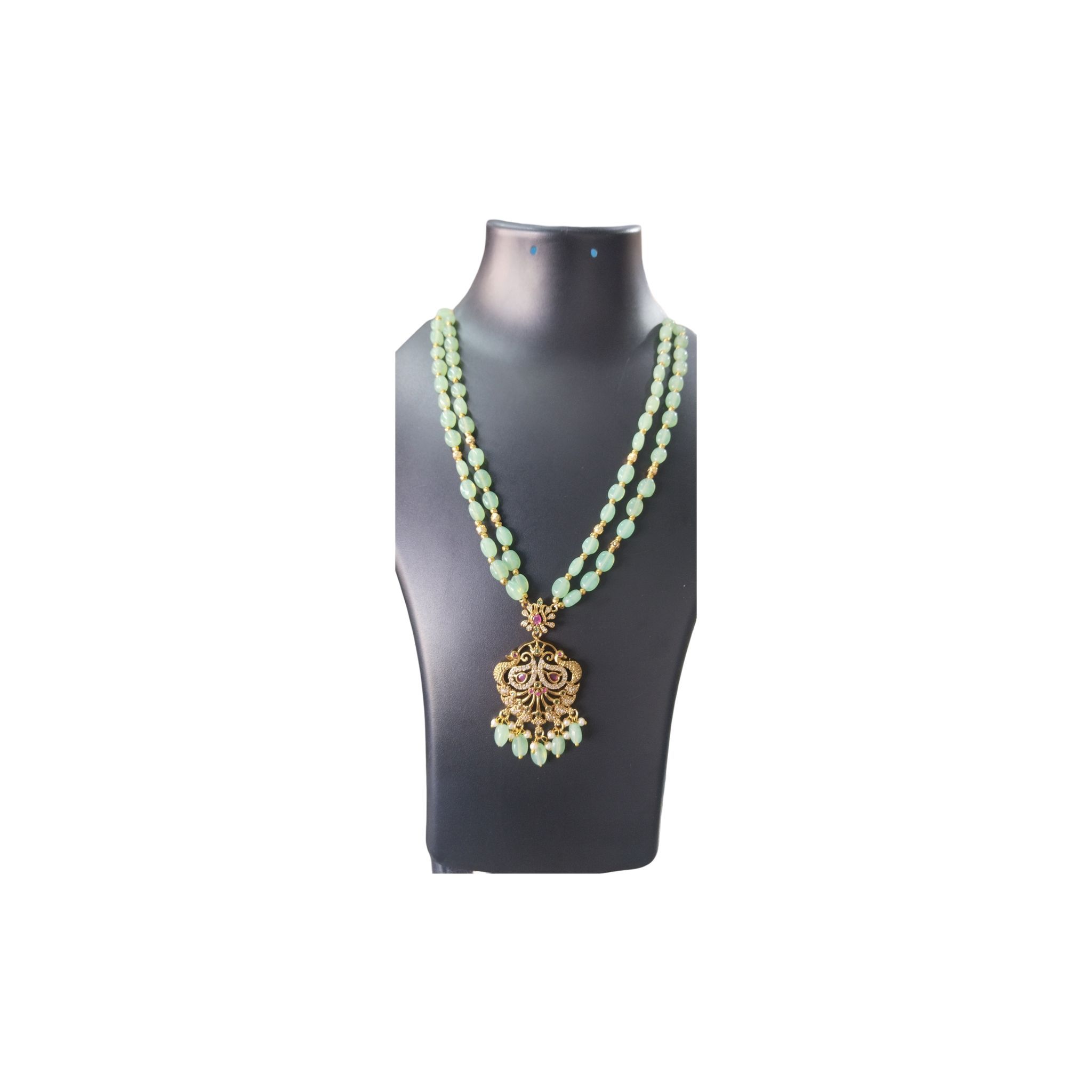 "Stunning Gold-Plated Necklace with Green Beads and Peacock Pendant"