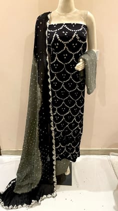 Cotton Satin Kutch Bandhani Dress Material-Black-Grey