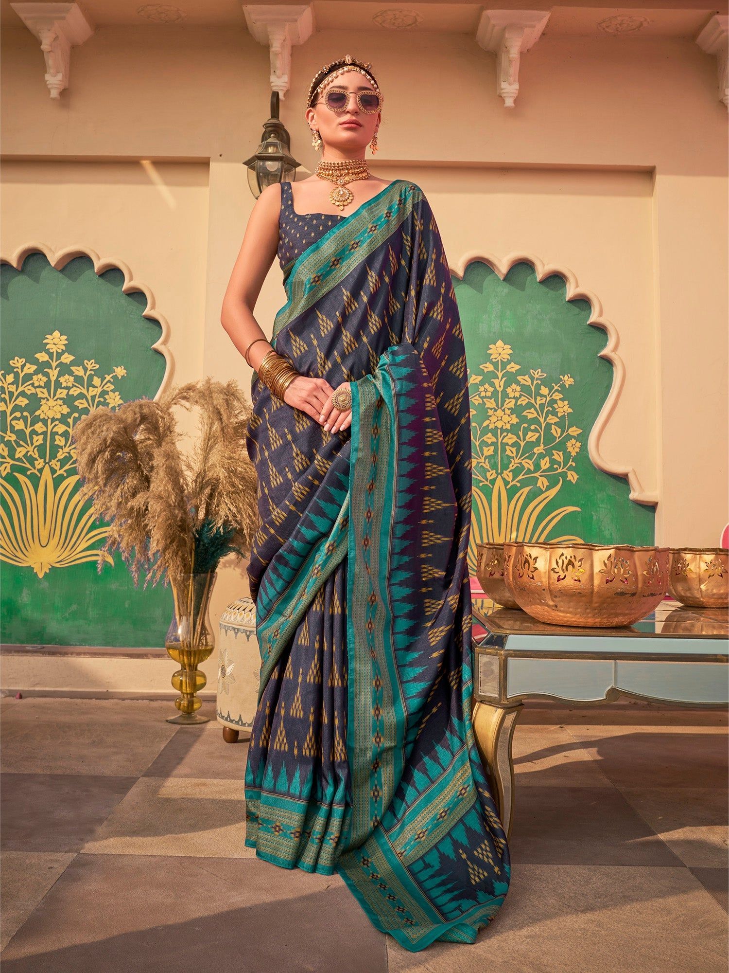 Navy Blue Pure Sigma Silk Printed Saree