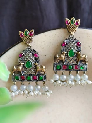 Traditional Two-Tone Oxidized Nandi Dangler Earrings for Grace | Sarichka-Red+Green
