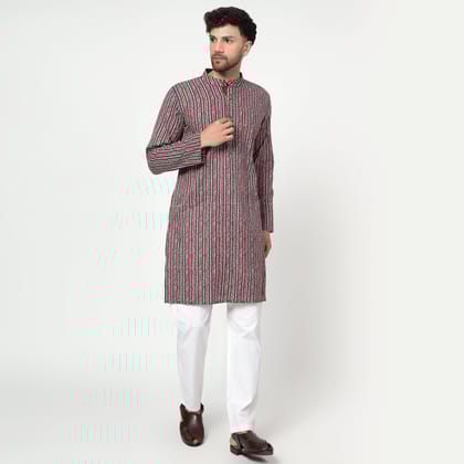 red Men's printed band collar cotton kurta-S