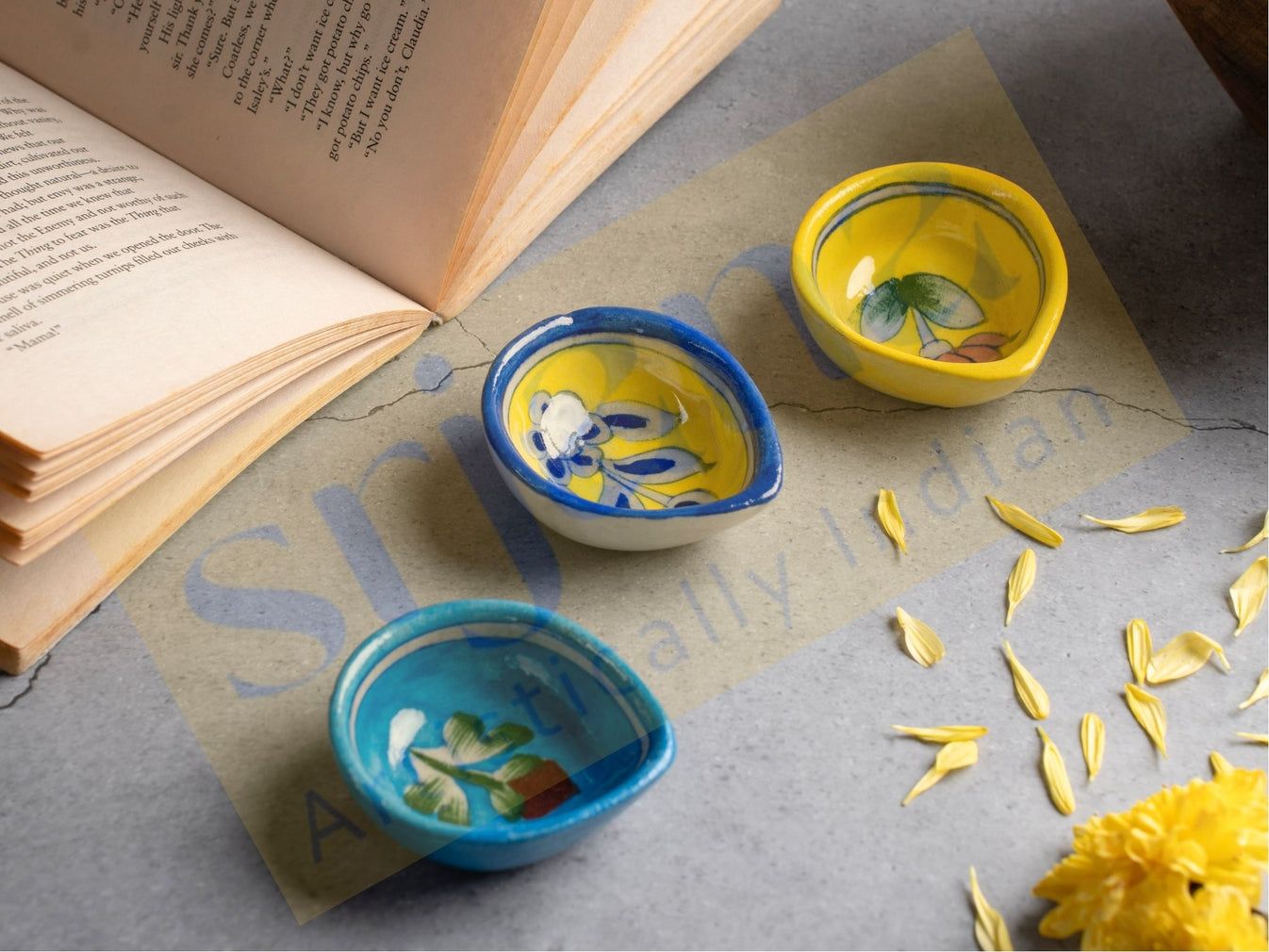 Srjana Handcrafted Blue Pottery Diyas 3pc