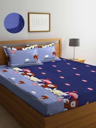 Unisex Kids Blue Cartoon Characters 300 TC 1 King Bedsheet with 2 Pillow Covers