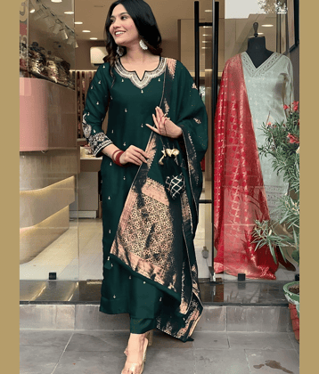 OMICRON FAB Women Chanderi Silk Embroidered Straight Kurti With Pants ( Green )