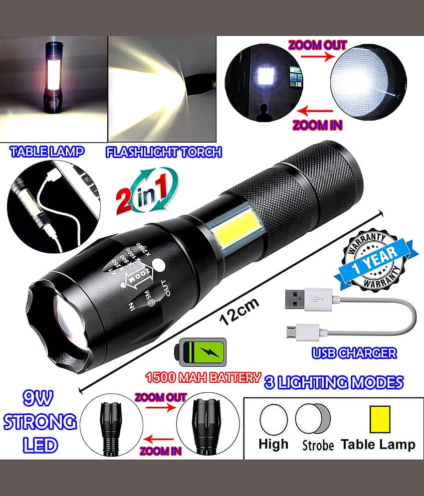 DGM 2in1 Waterproof Rechargeable Zoomable LED 3 Mode COB Table Lamp Metal 9W Flashlight Torch Home / Outdoor Lamp - Pack of 1