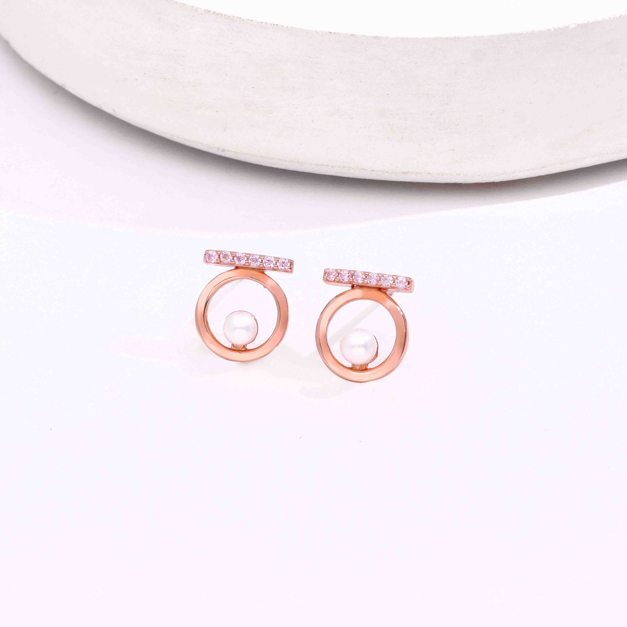 Sterling Rose Gold Circular Pearl Stud Earrings-Pearl / Rose Gold