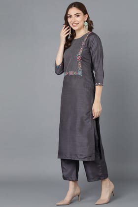 Women Charcoal Poly Silk Embroidered Kurta Trousers With Dupatta PKSKD1502 Women Charcoal Poly Silk Embroidered Kurta Trousers With Dupatta PKSKD1502