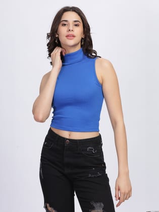 Women High Neck Tank Top, Sleeveless, Cotton Lycra, Blue-S / Blue