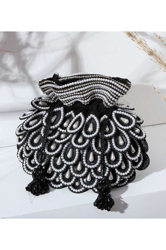 Black Suede Pearl & Micro Bead Embroidered Potli