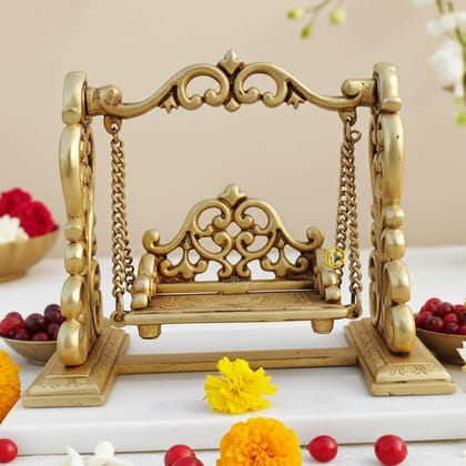 Brass Laddu Gopal Jhula for Temple - Bal Gopal Swing Showpiece, Height : 8.5 Inch (BSMAS1690 D)
