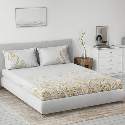 DDECOR - Primary Collection 100% Cotton Leaves Pattern 145TC King Bedsheet |229 CM X 274 CM| with 2 Pillow Covers - Beige