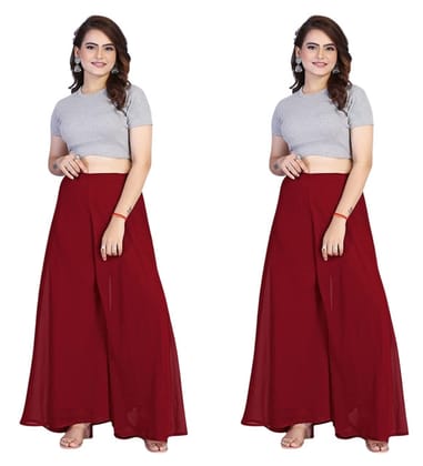 Generic Women's Georgette Solid High-Rise Wide Leg Flared Palazzo Pants with Elastic Waist, Ankle Length Trousers for Daily, Office and Casual Wear (Maroon, M, Pack of 2, Design 67543)