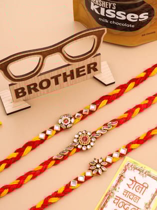 NVR Men Set of 3 Red & Yellow Kundan Studded Floral Design Thread Rakhi Combo-One Size / Red