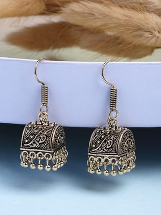 NVR Women Gold Plated Oxidized Contemporary Jhumka Earrings-One Size / Gold / German Silver