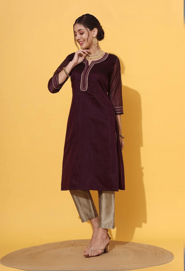Wine Embroidered Chanderi Kurta-L / Wine
