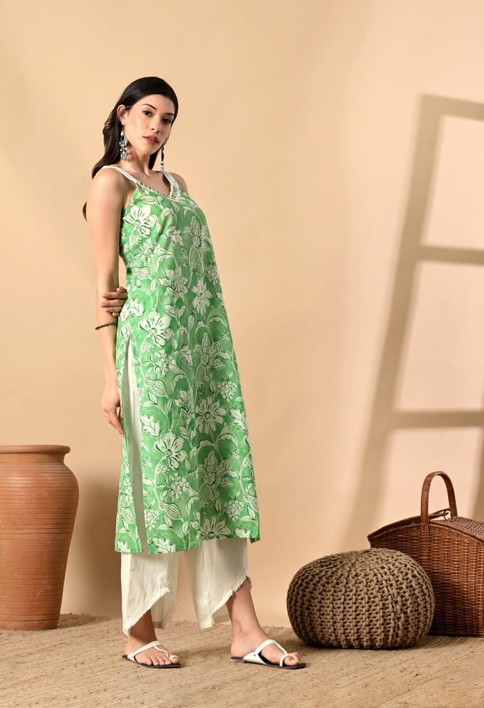 Noodle Strap 3PC Cotton Set with Fish Cut Palazzo and Sitara Work