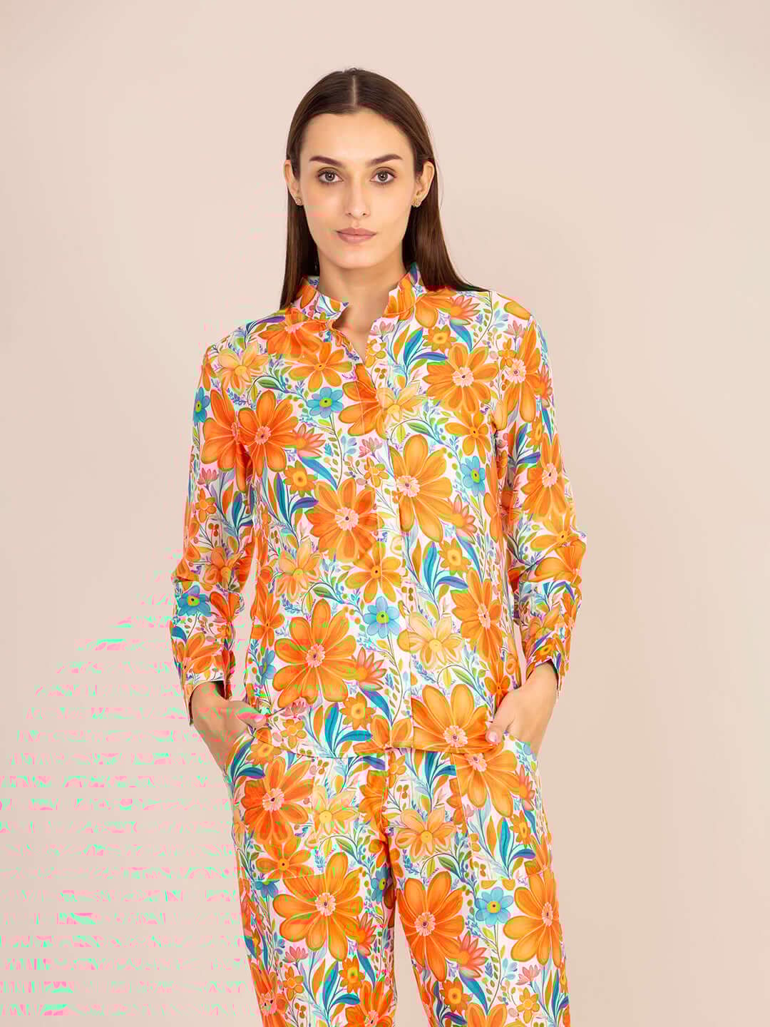 Women'S Premium Roman Satin Floral Coord Set-M