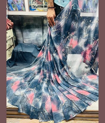 Sitanjali Georgette Printed Saree With Unstitched Blouse Piece ( Grey )