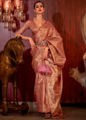 Golden Brown Woven Banarasi Brocade Silk Saree