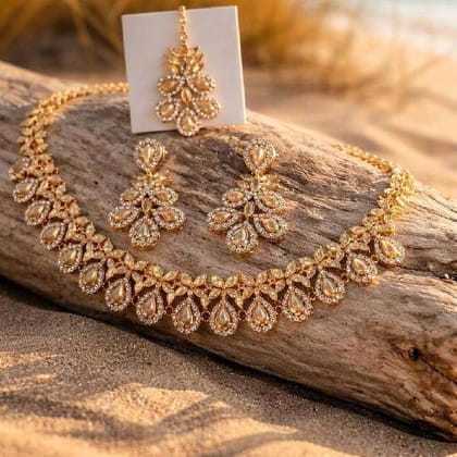 golden necklace set with mangtika golden necklace set with mangtika