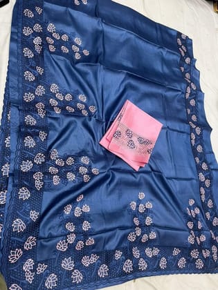 Silkmark Certified Beaming Pure Tussar Cutwork Blue Saree