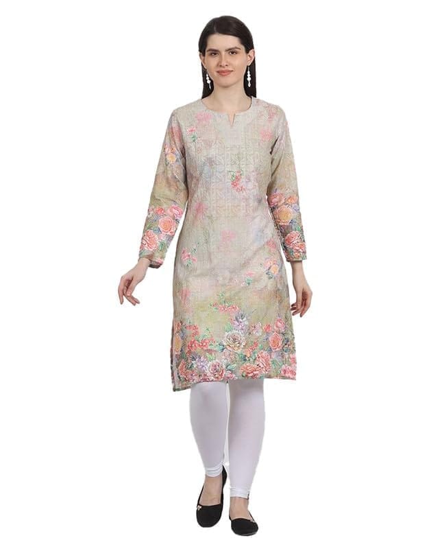 Women's Casual 3/4 Sleeve Silk Blend Printed Kurti (Yellow, 2XL)-PID46394