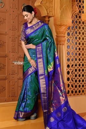 Shubh ~ Handloom Pure Silk Maharani Paithani with Majestic Maharani Pallu in Peacock Blue Green