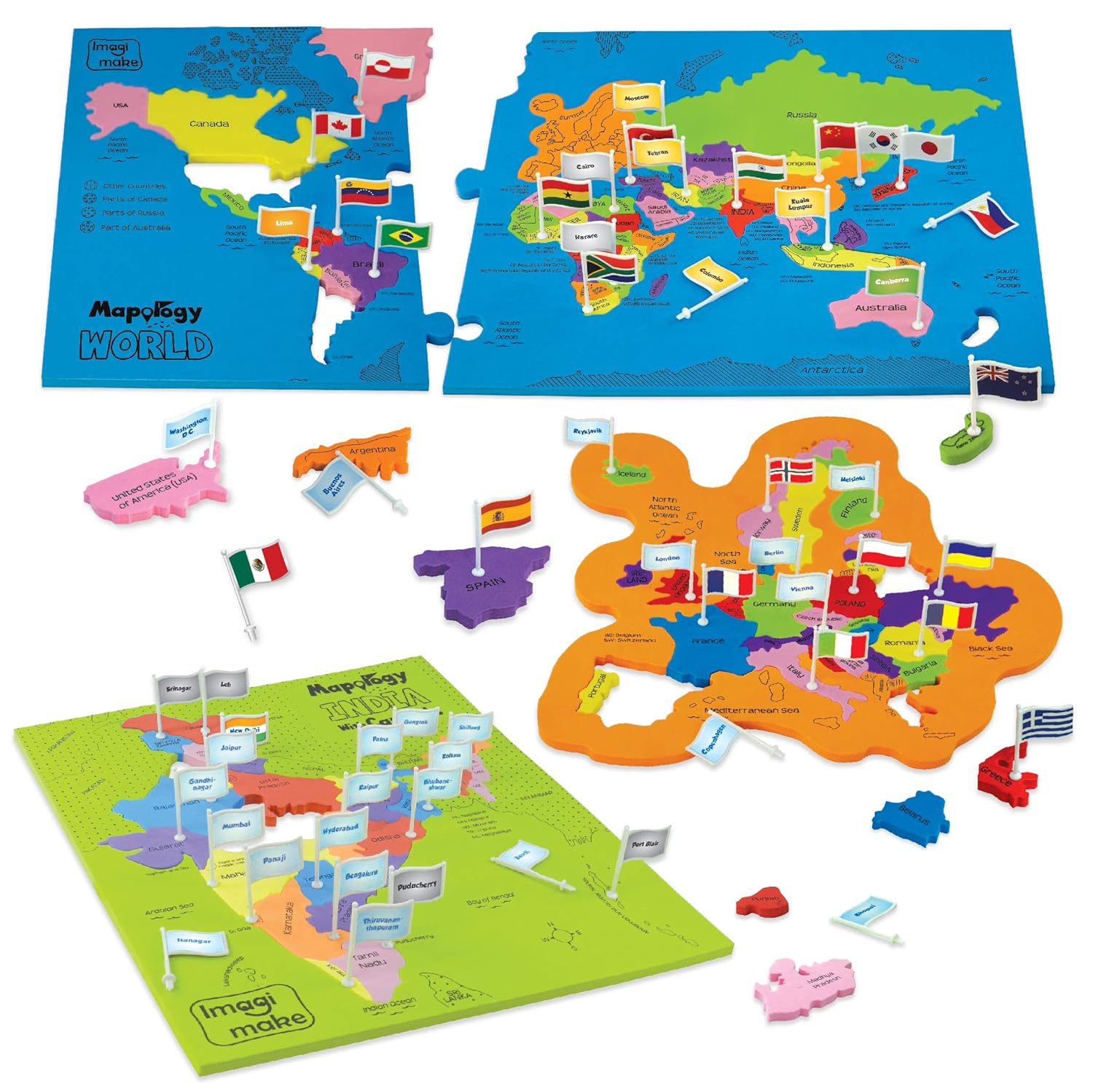 Imagimake: Mapology India and World Maps with Capitals - Learn Capitals and Country Flags - Educational Toy for Kids Above 5 Years, Multicolor