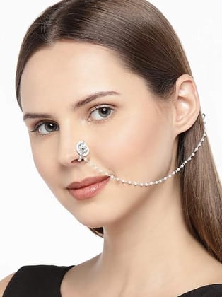 Silver-Toned Handcrafted Jadau Pachi Kundan Nose Pin With Pe