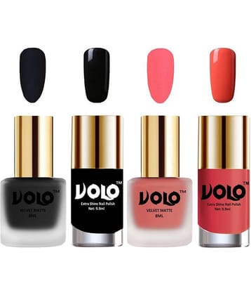 VOLO Extra Shine AND Dull Velvet Matte Nail Polish Black,Peach,Black, Coral Glossy Pack of 4 36 mL