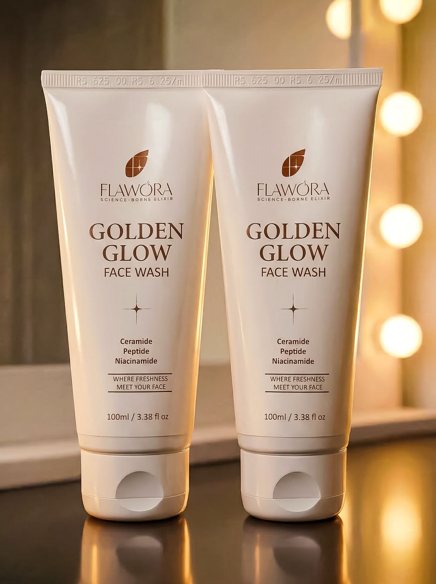 Flawora Set of 2 Golden Glow Facewash with Niacinamide for Brightening, Moisturization and Nourishment - 100ml