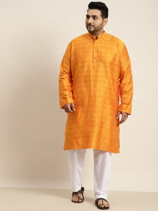 Men's Cotton Blend Orange & Silver Self Design Kurta-46