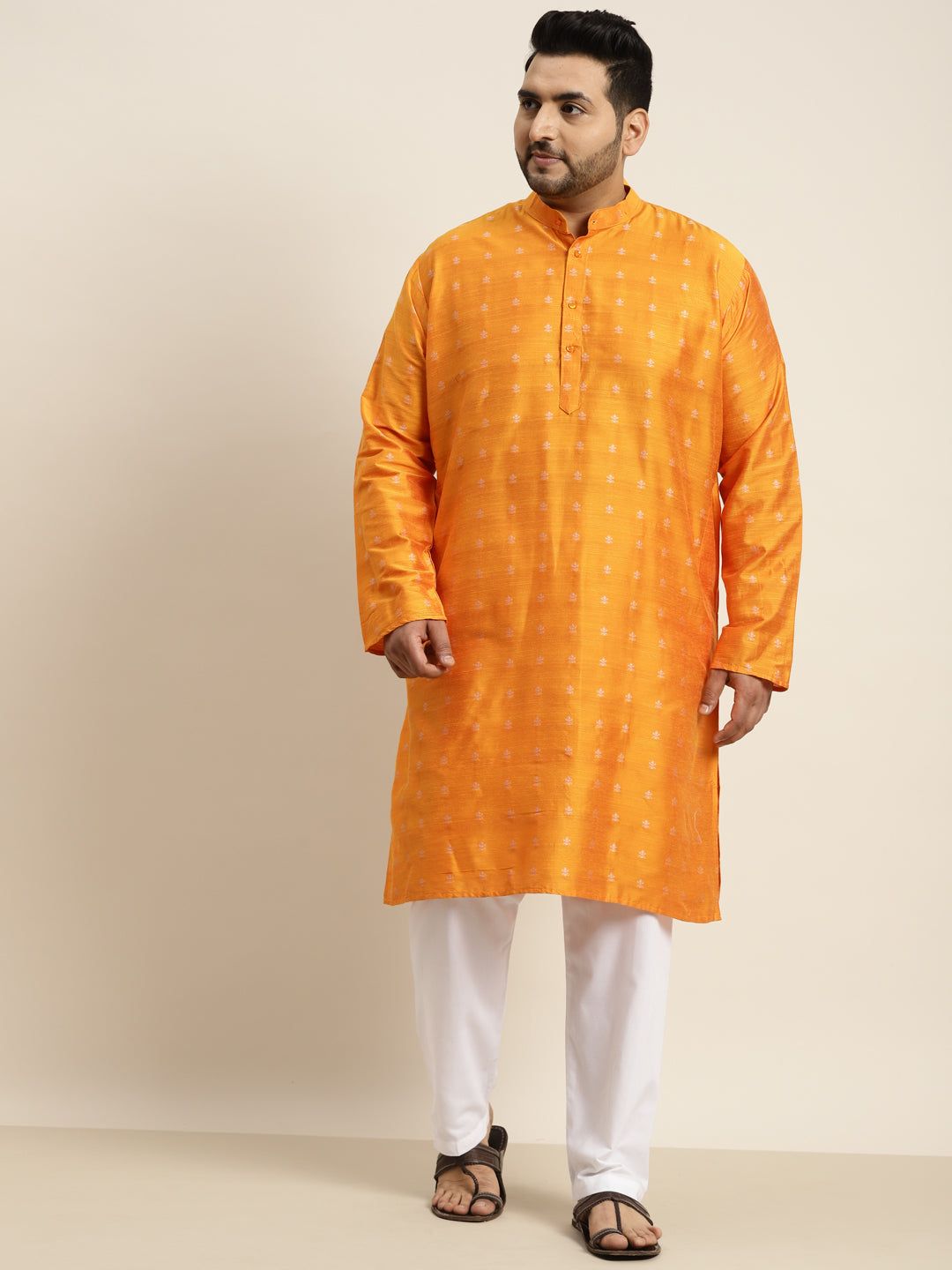 Men's Cotton Blend Orange & Silver Self Design Kurta-46