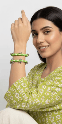 Handmade Fuchsia Green Fabric-Wrapped Bangles with Ghungroo Accents  Set of 2